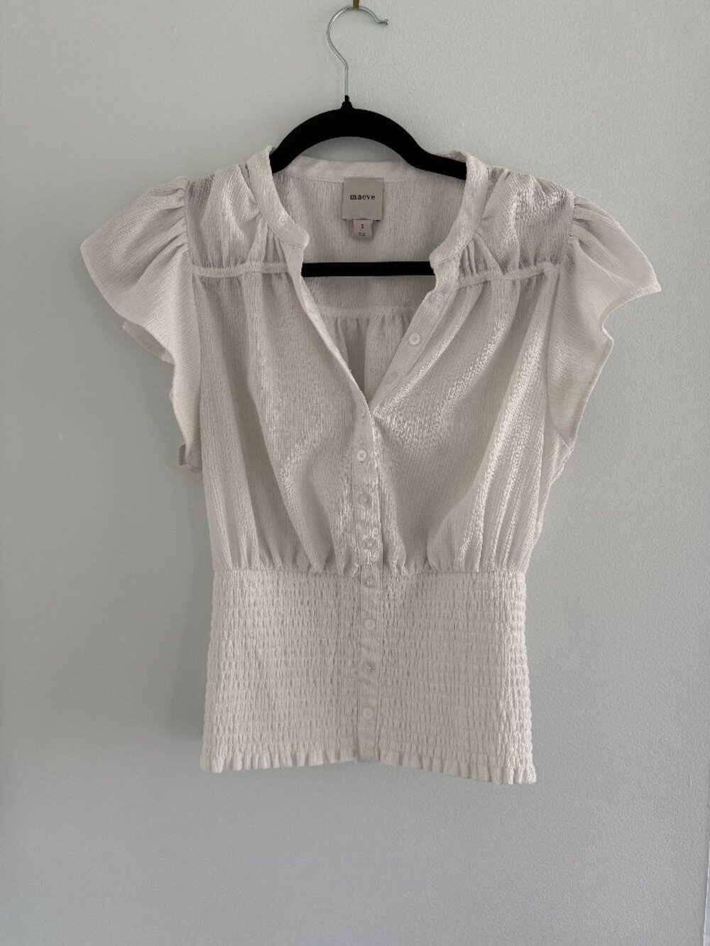 Maeve (Anthropologie) - White Flutter Sleeve - Smocked Blouse Button-Down Top - Picture 2 of 4